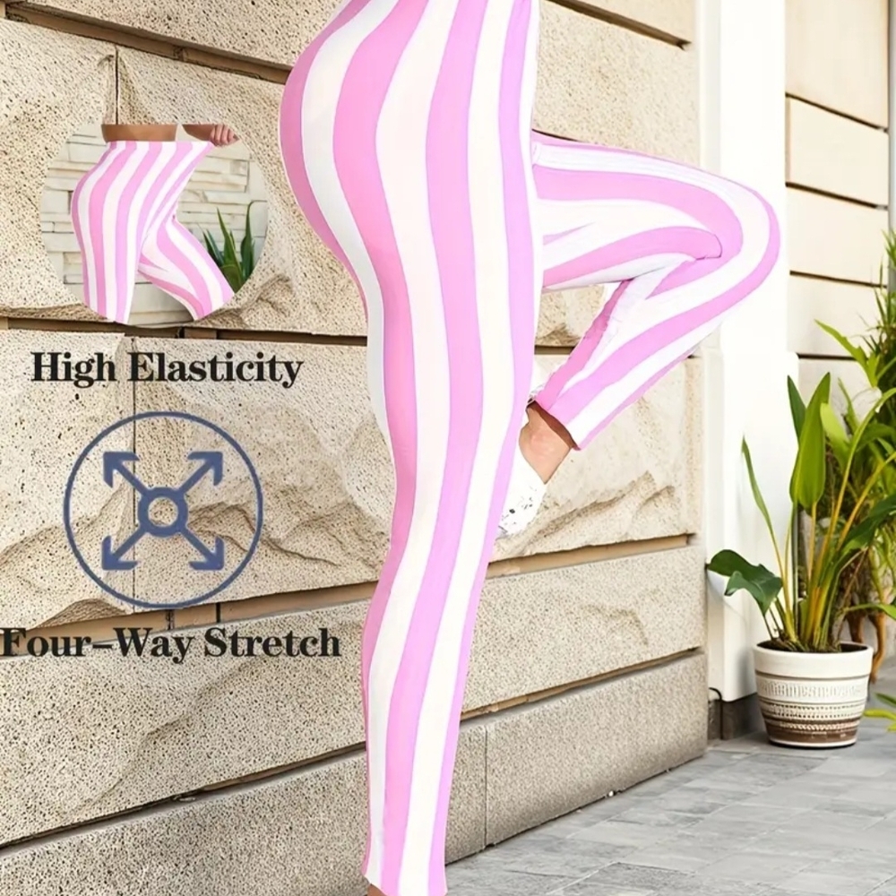 Vibrant Pink and White Striped Leggings